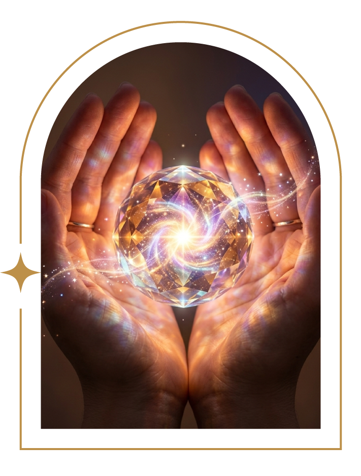 Manos de la Guía espiritual Maestra Regina sosteniendo una esfera de luz.